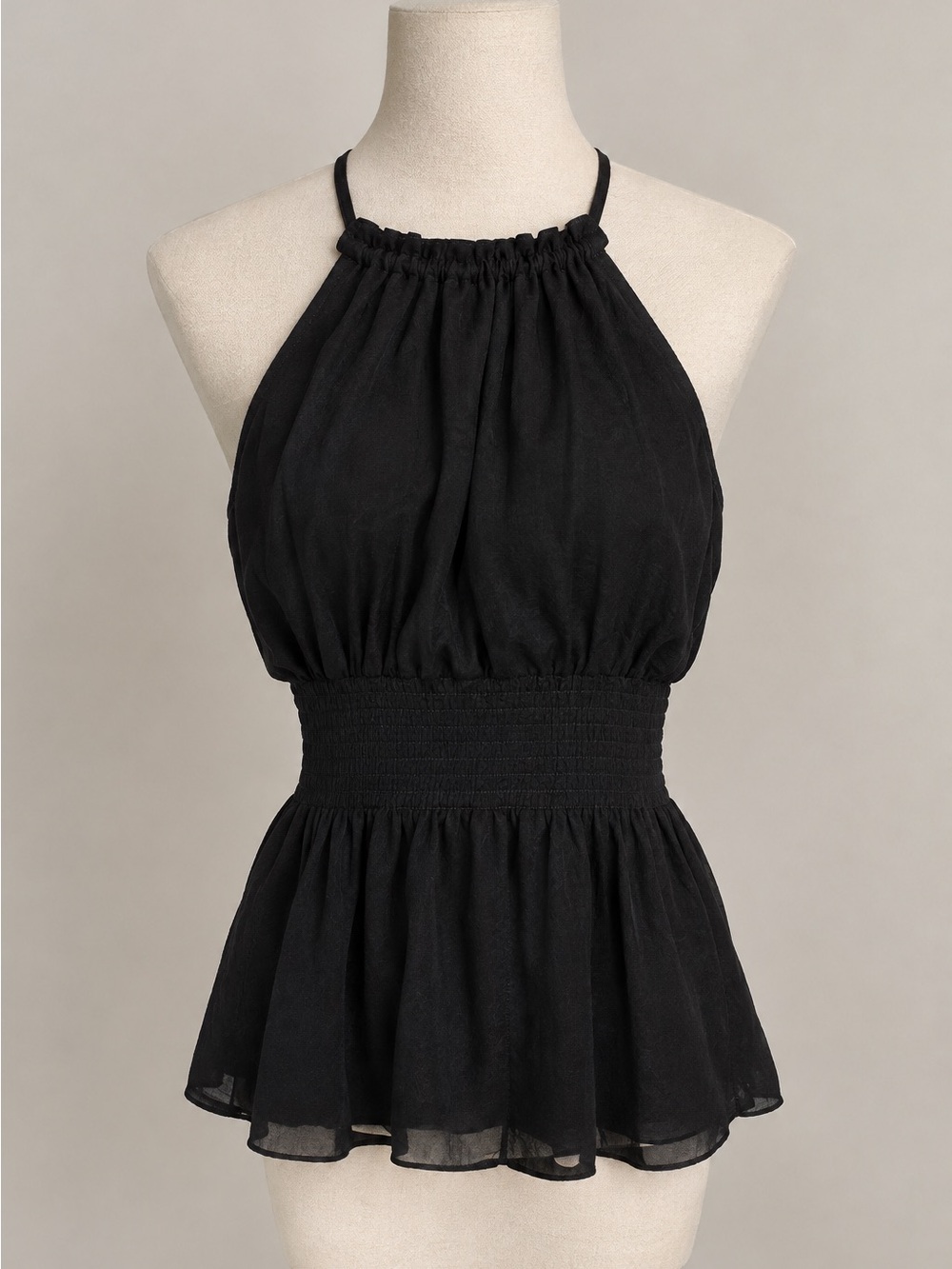 Express Black Strapless Halter Smocked Waist Peplum Top